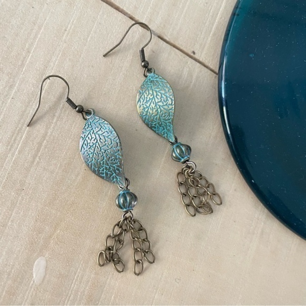 2/$29 Handmade Long Leaf Chain Fringe Dangle Earrings Aged Brass Peacock